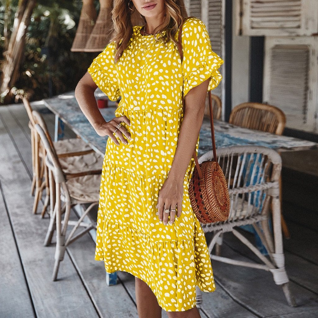 Women Loose O-Neck Short Sleeve Dots Print Mini Dresses