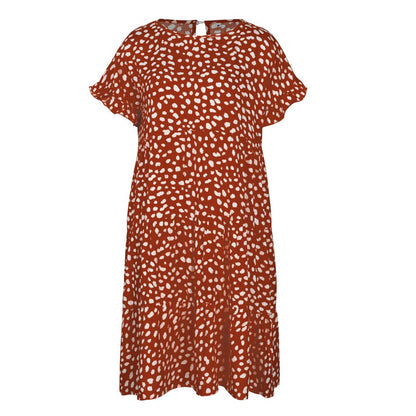Women Loose O-Neck Short Sleeve Dots Print Mini Dresses