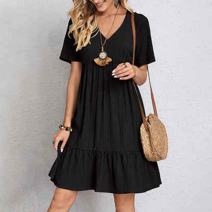 Women Mini Dress Summer Casual Solid V Neck Ruffles A-Line Dress Female Fashion Holiday Boho Loose Beach Elegant Dresses Vestido