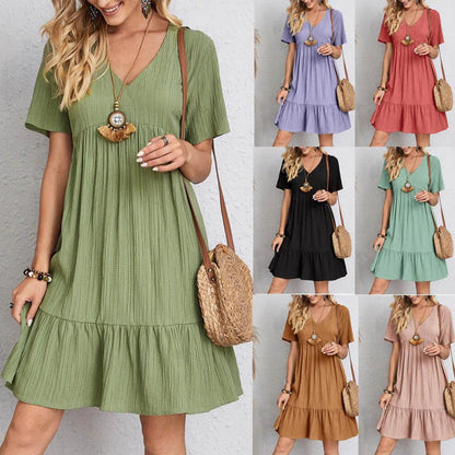 Women Mini Dress Summer Casual Solid V Neck Ruffles A-Line Dress Female Fashion Holiday Boho Loose Beach Elegant Dresses Vestido