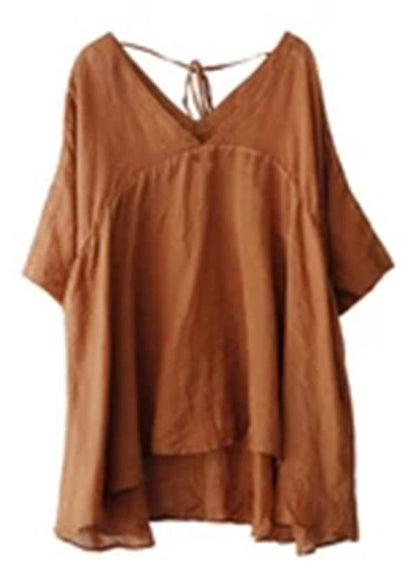 Women Ramie Lace-up Pure Color Irregular Casual T-shirt