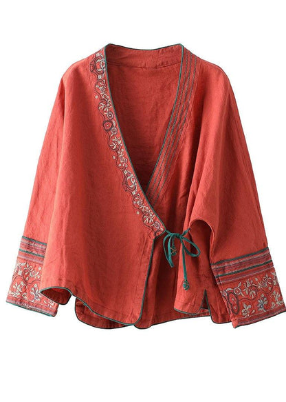 Women Plum Floral Embroidered Long sleeve Linen Shirt