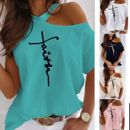 Women Tops Sexy Off Shoulder Summer T-Shirts Casual Print T-Shirt Short Sleeve O-Neck Pullovers Tops Fashion Street Tee