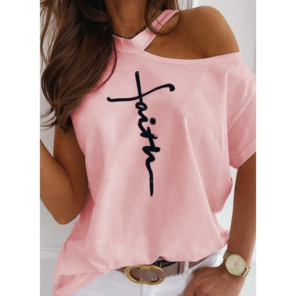 Women Tops Sexy Off Shoulder Summer T-Shirts Casual Print T-Shirt Short Sleeve O-Neck Pullovers Tops Fashion Street Tee