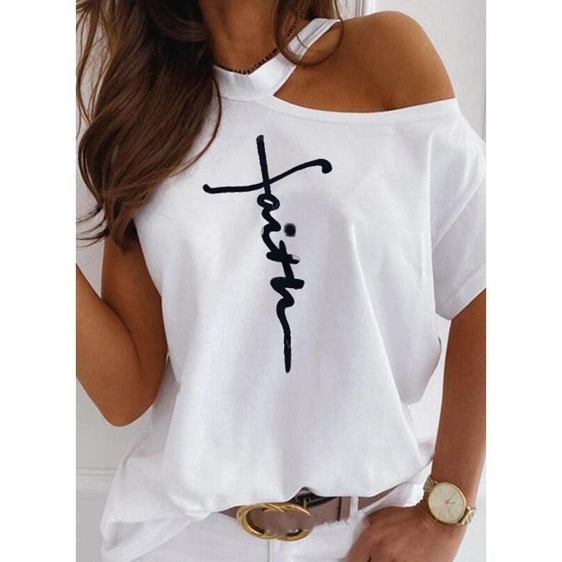 Women Tops Sexy Off Shoulder Summer T-Shirts Casual Print T-Shirt Short Sleeve O-Neck Pullovers Tops Fashion Street Tee