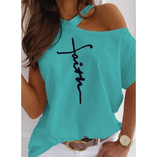 Women Tops Sexy Off Shoulder Summer T-Shirts Casual Print T-Shirt Short Sleeve O-Neck Pullovers Tops Fashion Street Tee