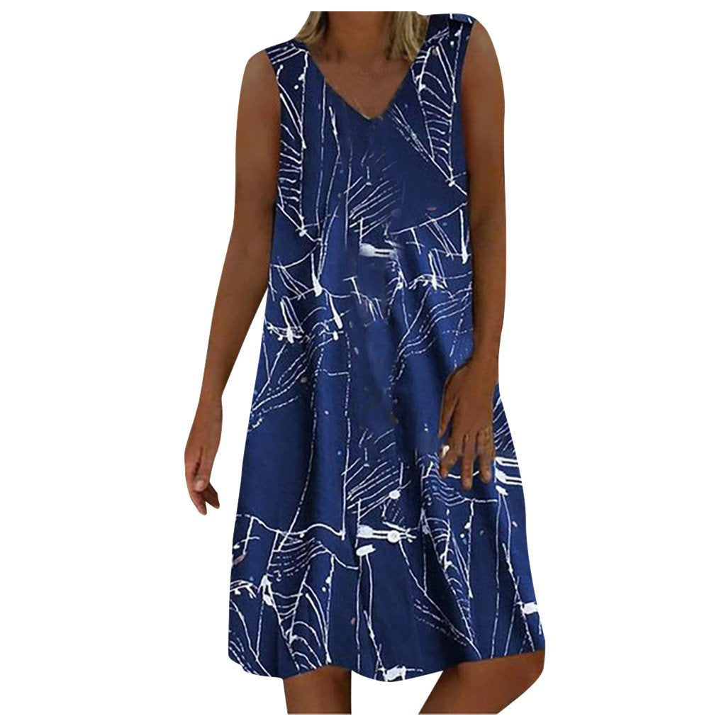 Women'S Dresses Sleeveless V-Neck Boho Print Midi Dress