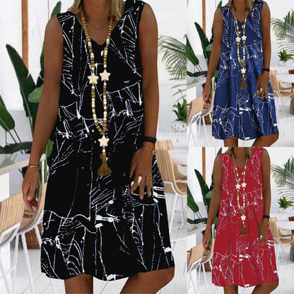 Women'S Dresses Sleeveless V-Neck Boho Print Midi Dress