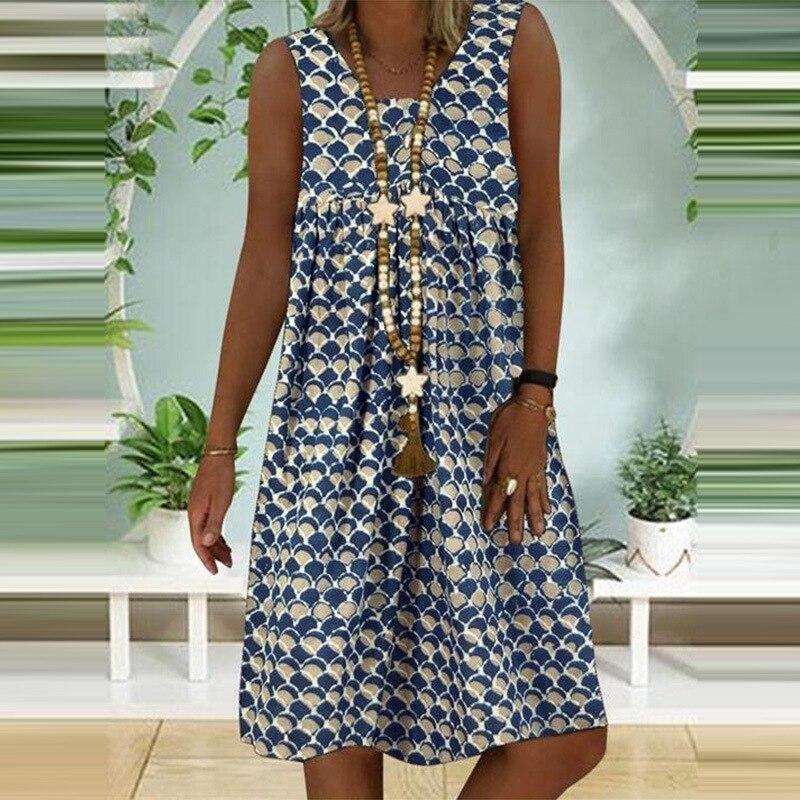 Women'S Dresses Sleeveless V-Neck Boho Print Midi Dress