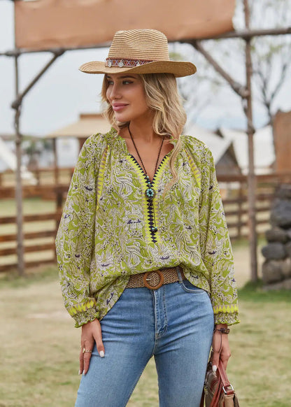 Women'S Spring And Autumn Bohemian Print Long Sleeve Tunic Blouse