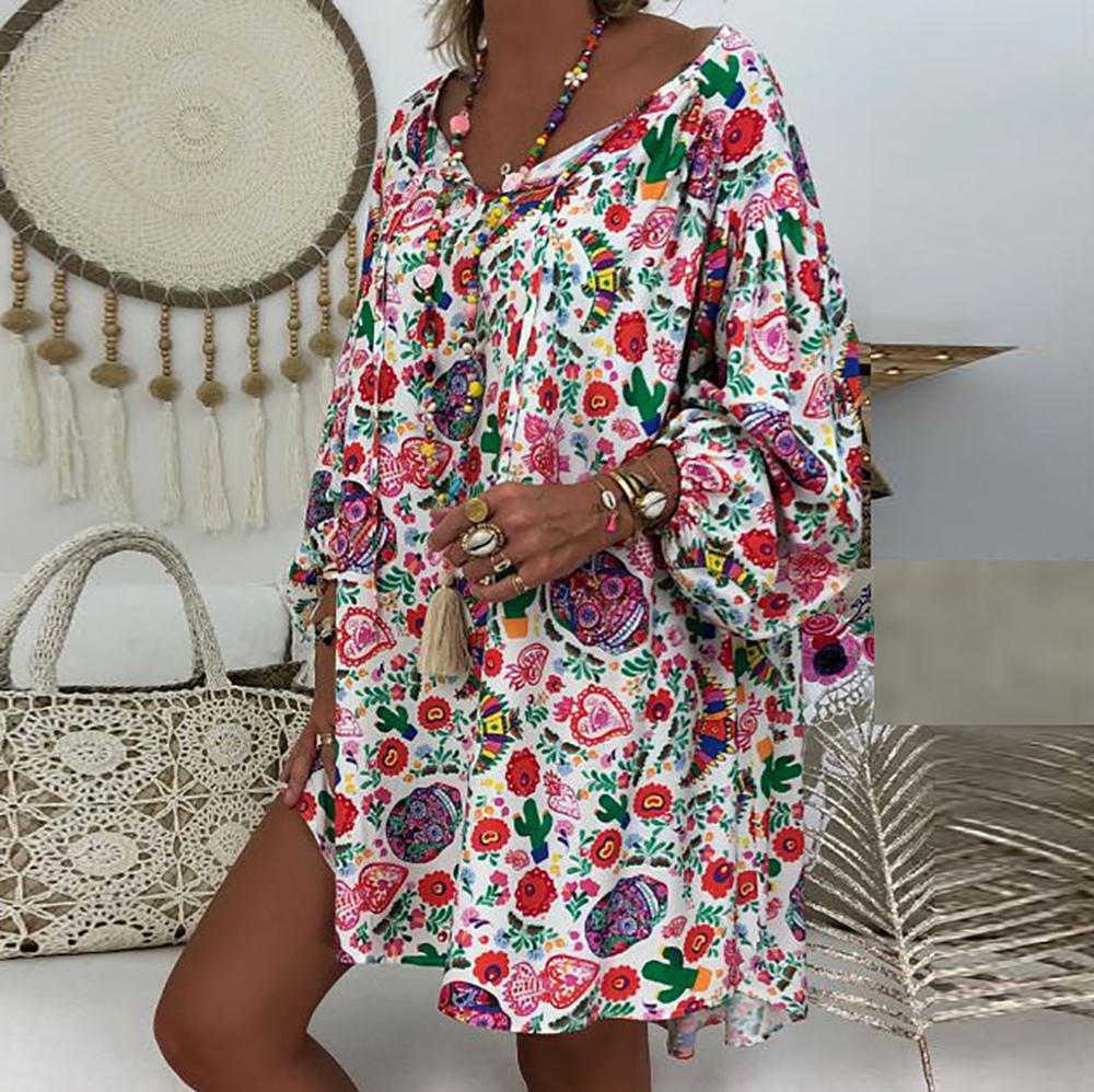 Women'S Summer Boho Vintage Floral Print Deep V Neck Beach Mini Dresses