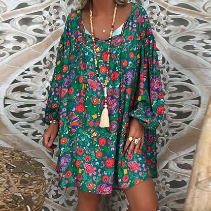 Women'S Summer Boho Vintage Floral Print Deep V Neck Beach Mini Dresses