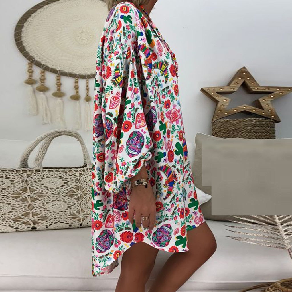 Women'S Summer Boho Vintage Floral Print Deep V Neck Beach Mini Dresses