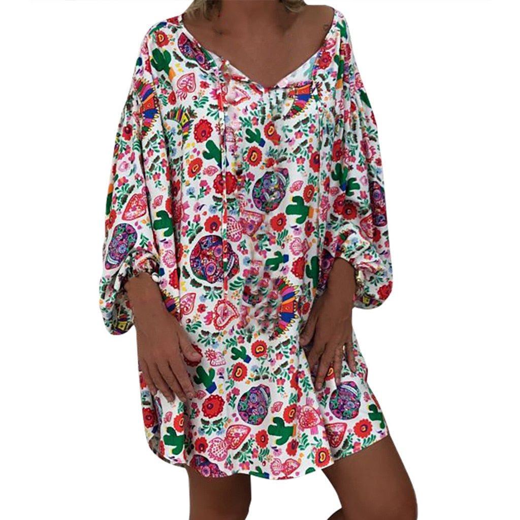 Women'S Summer Boho Vintage Floral Print Deep V Neck Beach Mini Dresses