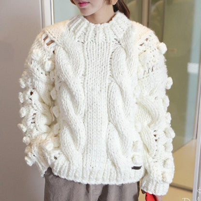 Women'S Sweaters Hollow Out Loose Knitted Lantern Sleeve O-Neck Solid   Female Autumn Warm Ladies Pullovers