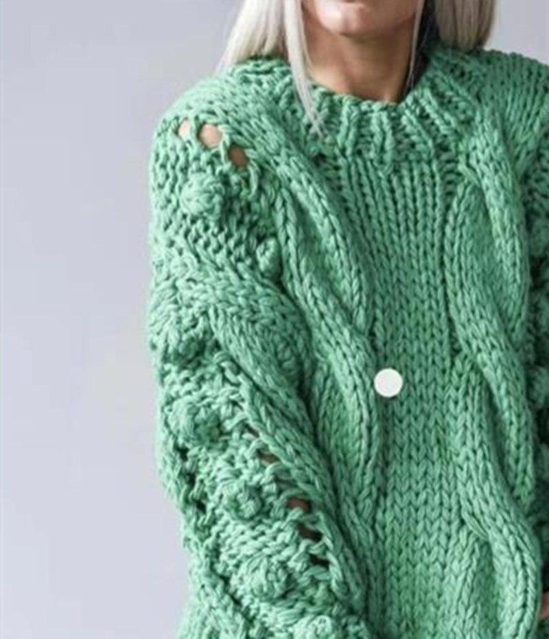 Women'S Sweaters Hollow Out Loose Knitted Lantern Sleeve O-Neck Solid   Female Autumn Warm Ladies Pullovers