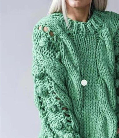 Women'S Sweaters Hollow Out Loose Knitted Lantern Sleeve O-Neck Solid   Female Autumn Warm Ladies Pullovers