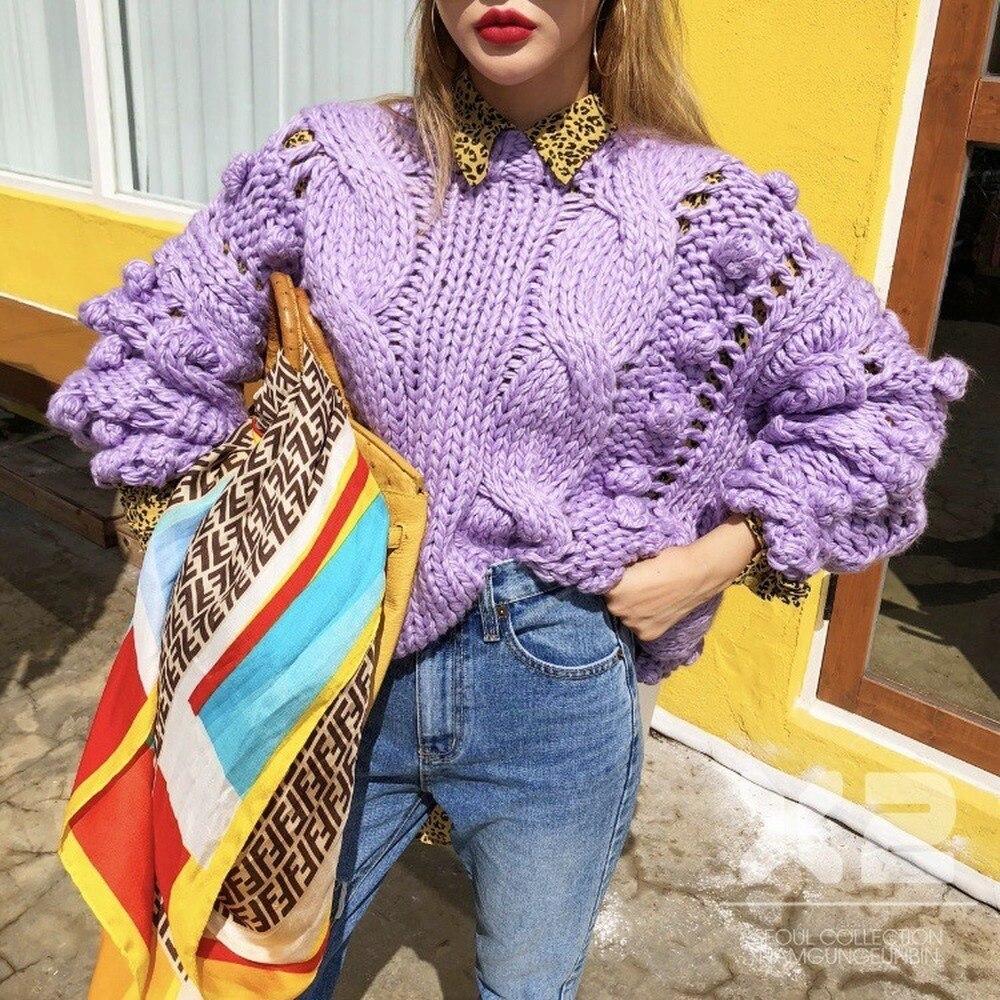 Women'S Sweaters Hollow Out Loose Knitted Lantern Sleeve O-Neck Solid   Female Autumn Warm Ladies Pullovers