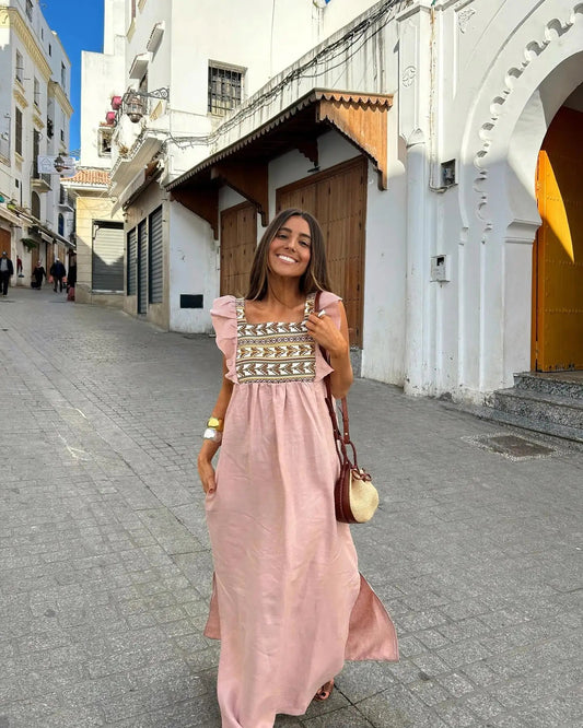 Women'S Vintage Printed Flare Sleeve Dress Elegant  Square Neck High Waist Split A-Line Dresses 2024 Summer Vacation Robe