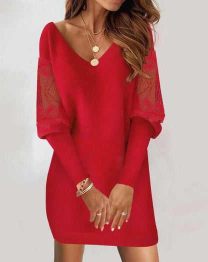Women'S Autumn New V-Neck Long Sleeved Printed Lace Patchwork Dress With Versatile Temperament For Women Commuting