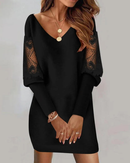 Women'S Autumn New V-Neck Long Sleeved Printed Lace Patchwork Dress With Versatile Temperament For Women Commuting
