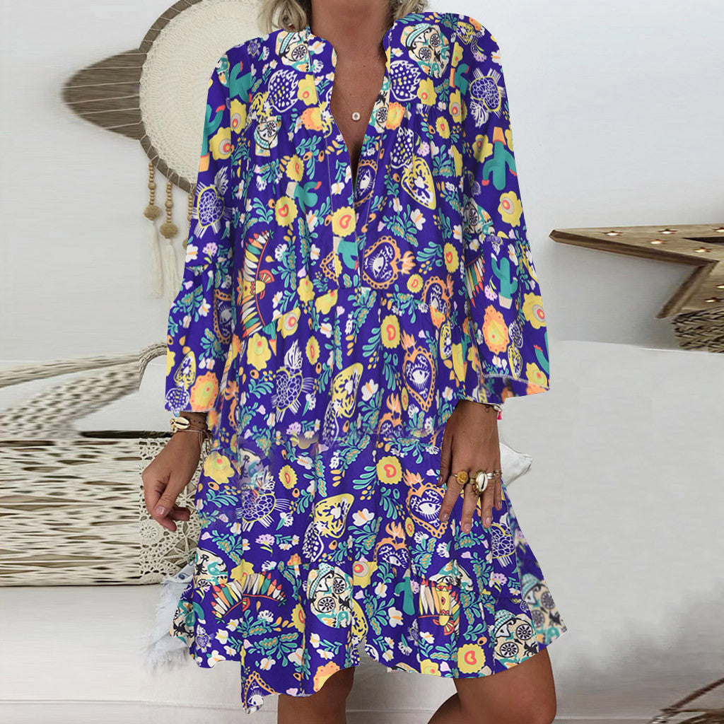 Women'S Dresses Plus Size Loose Print Long Sleeve V-Collar Button Mini Dress