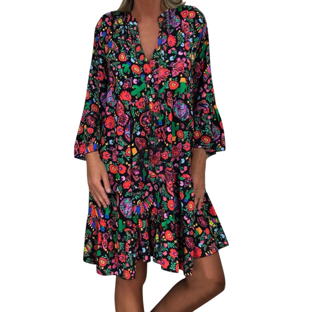 Women'S Dresses Plus Size Loose Print Long Sleeve V-Collar Button Mini Dress