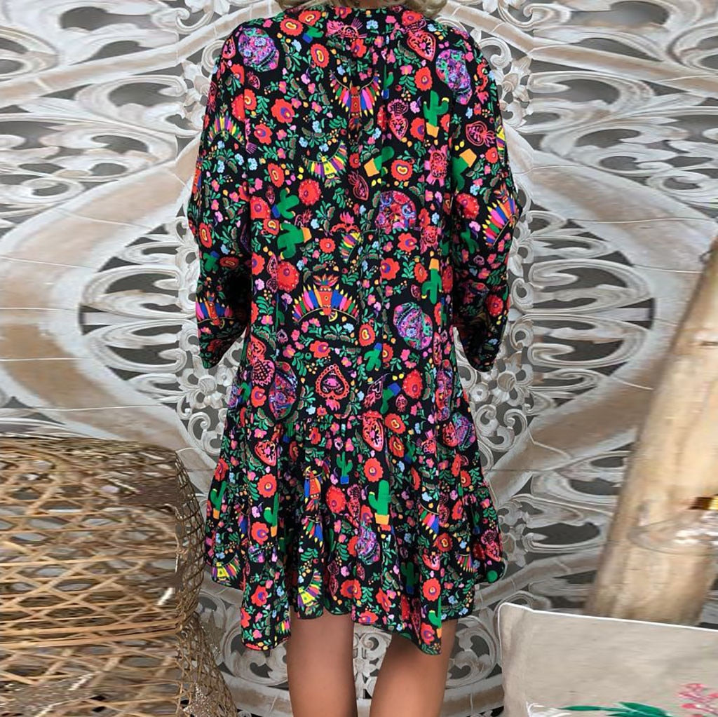 Women'S Dresses Plus Size Loose Print Long Sleeve V-Collar Button Mini Dress