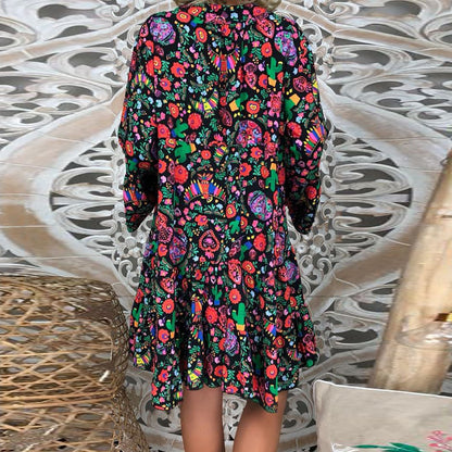 Women'S Dresses Plus Size Loose Print Long Sleeve V-Collar Button Mini Dress