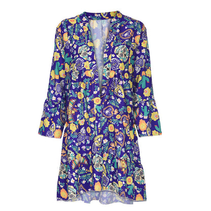 Women'S Dresses Plus Size Loose Print Long Sleeve V-Collar Button Mini Dress