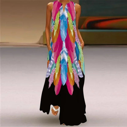 Women'S Summer Boho Vintage Maxi Dress Women'S Pocket Loose Casual Print A-Line Dresses