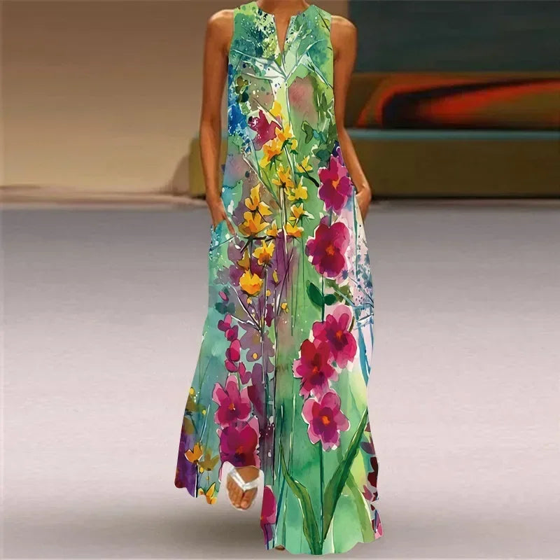 Women'S Summer Boho Vintage Maxi Dress Women'S Pocket Loose Casual Print A-Line Dresses