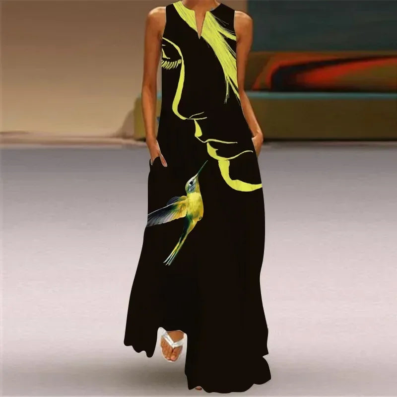 Women'S Summer Boho Vintage Maxi Dress Women'S Pocket Loose Casual Print A-Line Dresses