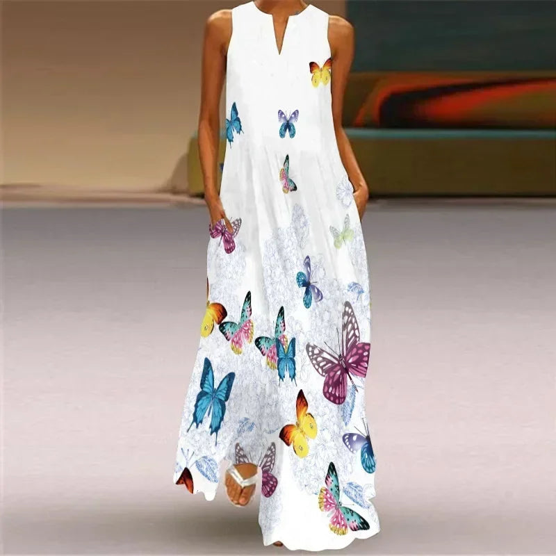 Women'S Summer Boho Vintage Maxi Dress Women'S Pocket Loose Casual Print A-Line Dresses