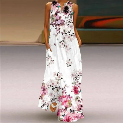 Women'S Summer Boho Vintage Maxi Dress Women'S Pocket Loose Casual Print A-Line Dresses