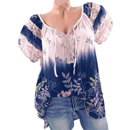 Womens Lace Blouses Summer Short Sleeve Tops Loose Shirt