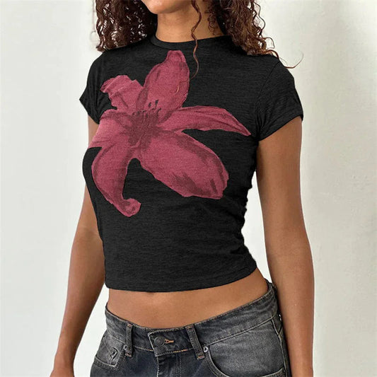 Xingqing Y2K Crop Top 2000S Women Baby Tee Floral Print Round Neck Short Sleeve T Shirt Fairycore Aesthetic Clothes Streetwear