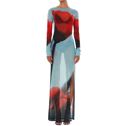 Sexy Women’S Slim Fit Long Dress Cover-Ups Sheer Mesh Long Sleeve Floral Print Beach Dress Side Split Bikini Cover-Ups