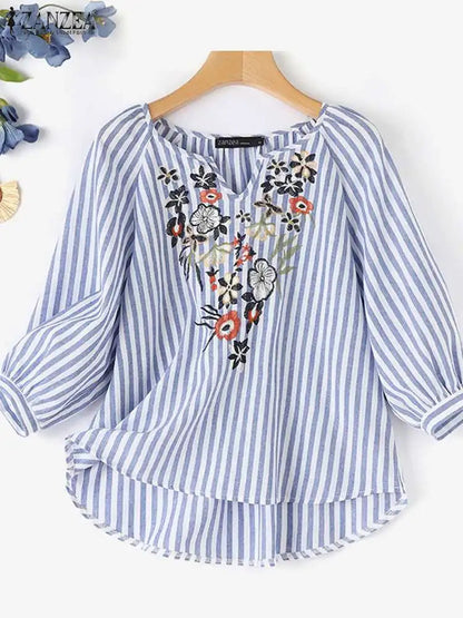 Fashion V Neck 3/4 Sleeve Embroidery Floral Blouse Women Summer Bohemian Striped Tops Casual Holiday Shirt Work Blusas