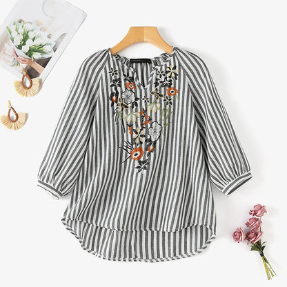 Fashion V Neck 3/4 Sleeve Embroidery Floral Blouse Women Summer Bohemian Striped Tops Casual Holiday Shirt Work Blusas