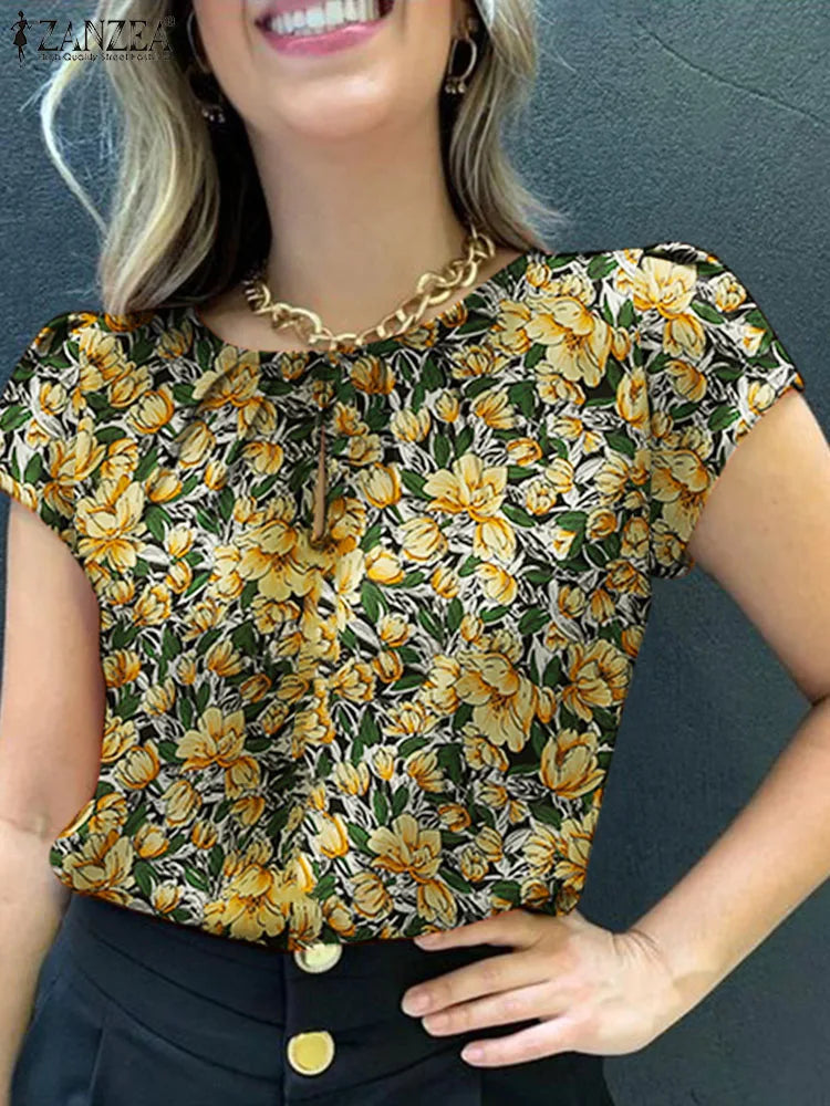 Retro Printed Blouse Women Stylish Shirt Summer Tunic Tops Short Sleeve Beach Party Blusas Bohemian Causal O Neck Chemise