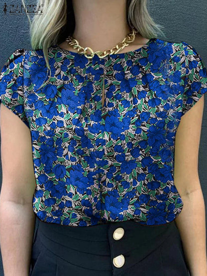 Retro Printed Blouse Women Stylish Shirt Summer Tunic Tops Short Sleeve Beach Party Blusas Bohemian Causal O Neck Chemise