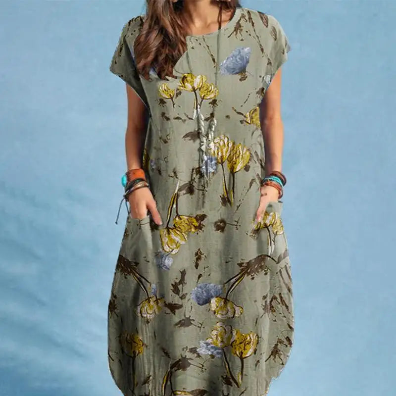 Zanzea Women Summer Dress Bohemian Floral Print Vestido O-Neck Short Sleeve Pockets Sundress Fashion Casual Elegant Holiday Robe