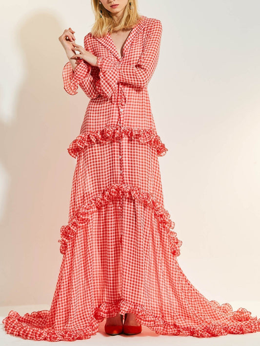 Ankle Length  Lace Deep V-Neck Dress Dragging Evening Dress