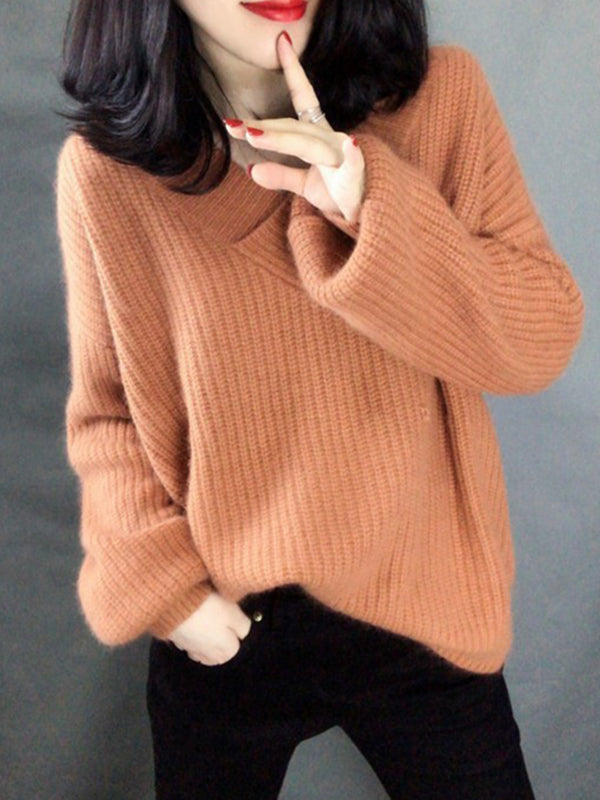 Loose Long Sleeves Solid Color V-Neck Sweater Tops