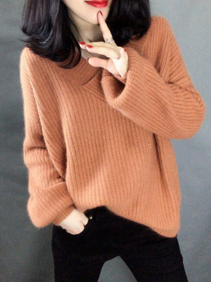 Loose Long Sleeves Solid Color V-Neck Sweater Tops