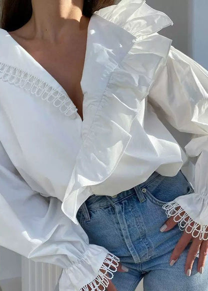 Ruffle Trim Long Sleeve Blouse Lightweight Polyester Cotton