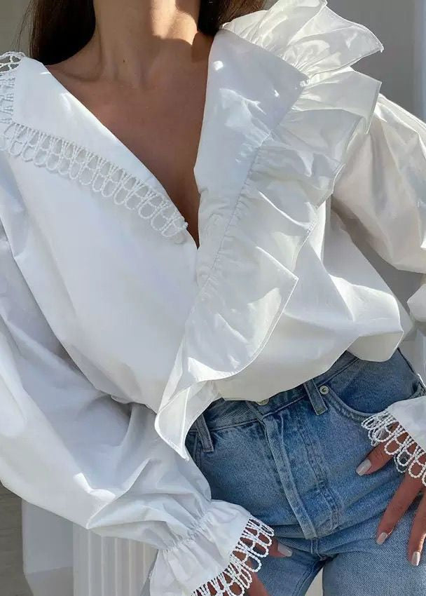 Ruffle Trim Long Sleeve Blouse Lightweight Polyester Cotton