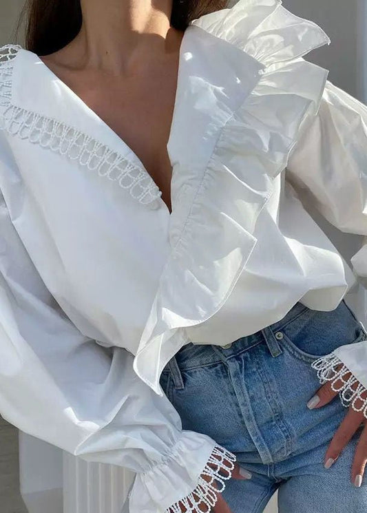 Ruffle Trim Long Sleeve Blouse Lightweight Polyester Cotton
