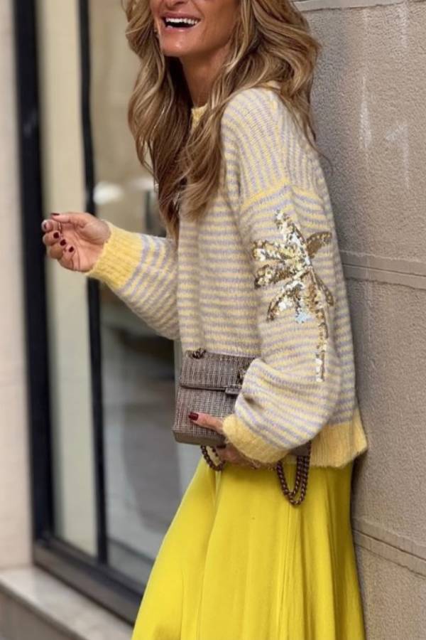 Striped\/Sequined Sweater
